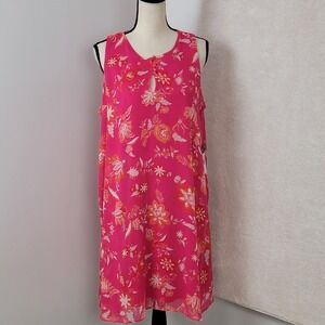Chaps NEW Women's 14‎  Pink Hibiscus Floral Sleeveless Boho Shift Midi  Dress